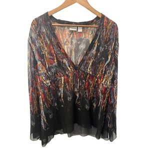CHICO’S 3 100% SILK BLACK MULTICOLOR ART TO WEAR SHEER V NECK BLOUSE